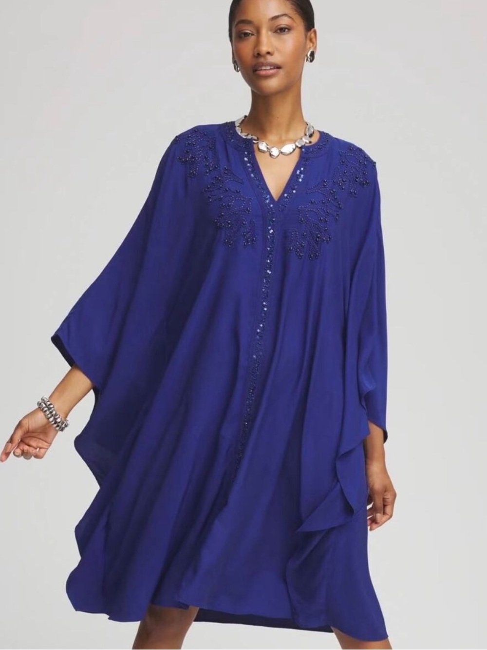 Chico’s Embellished Kaftan Dress Blue Casa Silk Blend Beading Embroidery Boho XL